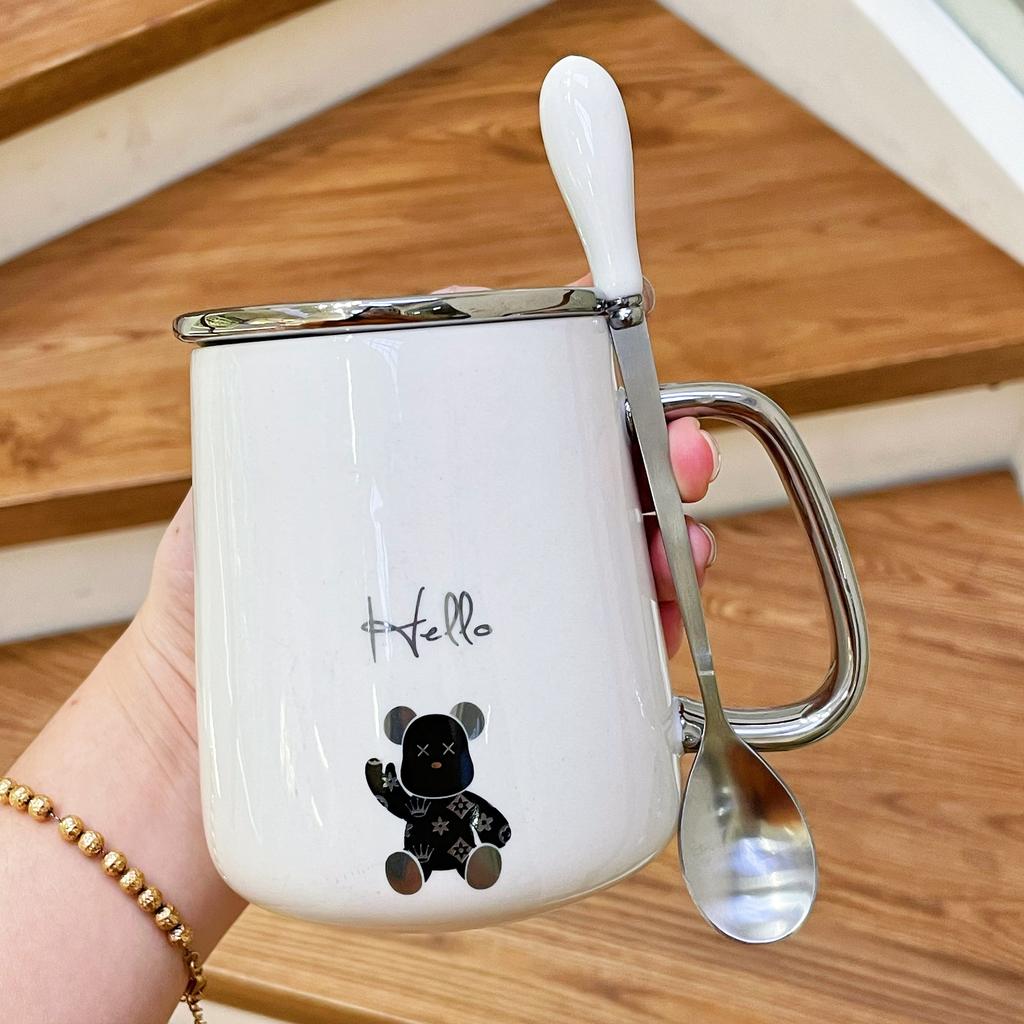 Mug with Lid Spoon Ceramic Cup for Women Home Couple Water Cup Office Coffee Cup for Boys Tea Cup High Appearance