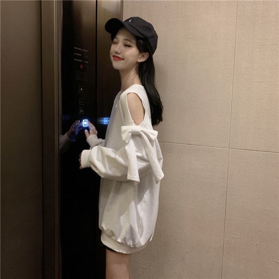 Sweet Bow Off Shoulder Sweatshirts Women Long Sleeve Casual Loose Korean Tops  V Neck Hollow Out Design Sweatshirts