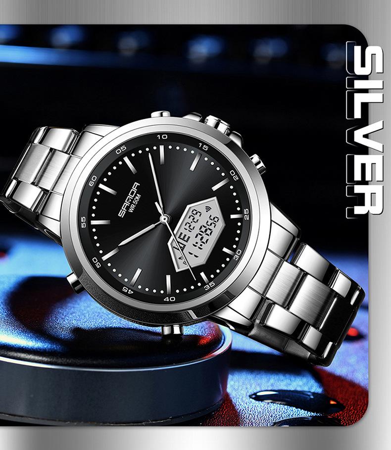 Sanda Men's Multifunction Luminous Waterproof Chronograph Steel Band Dual Display Watch