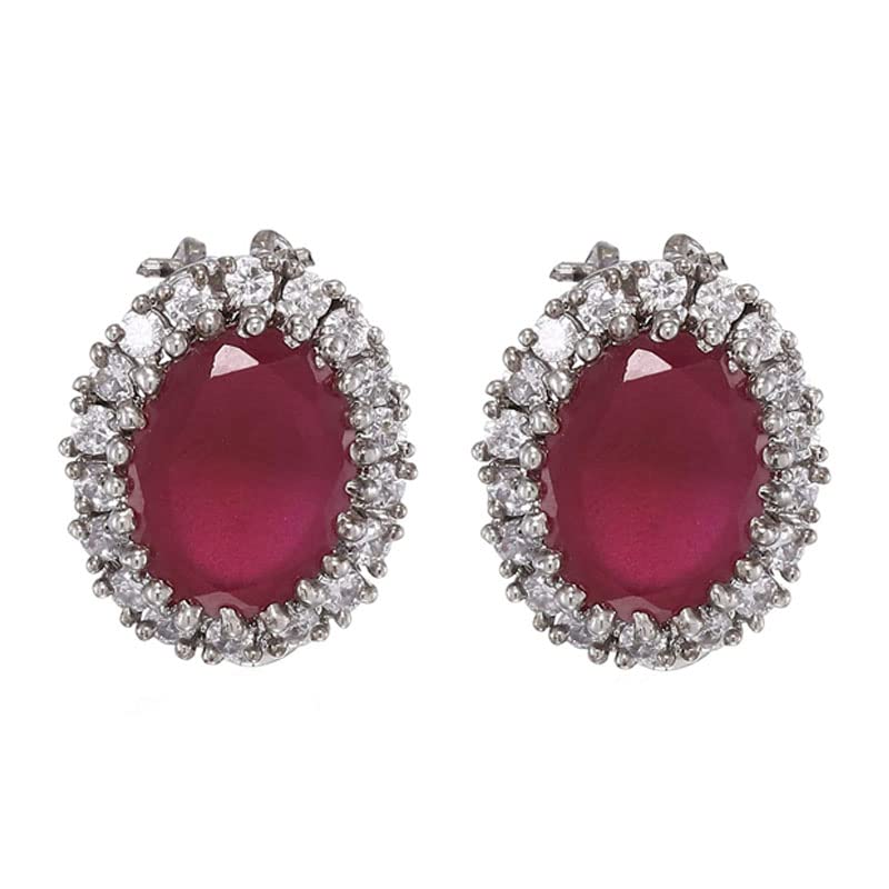 Estele Damen-Ohrstecker, rhodiniert, amerikanischer Diamant, CZ, Rubin-Halo