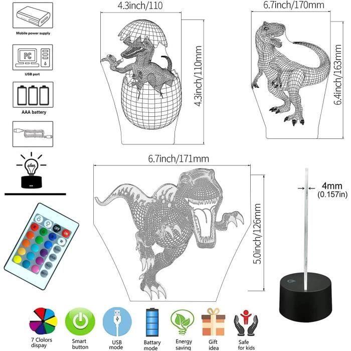 Veilleuse 3D - AIRUEEK - Dinosaure - LED - Télécommande - 16 Couleurs