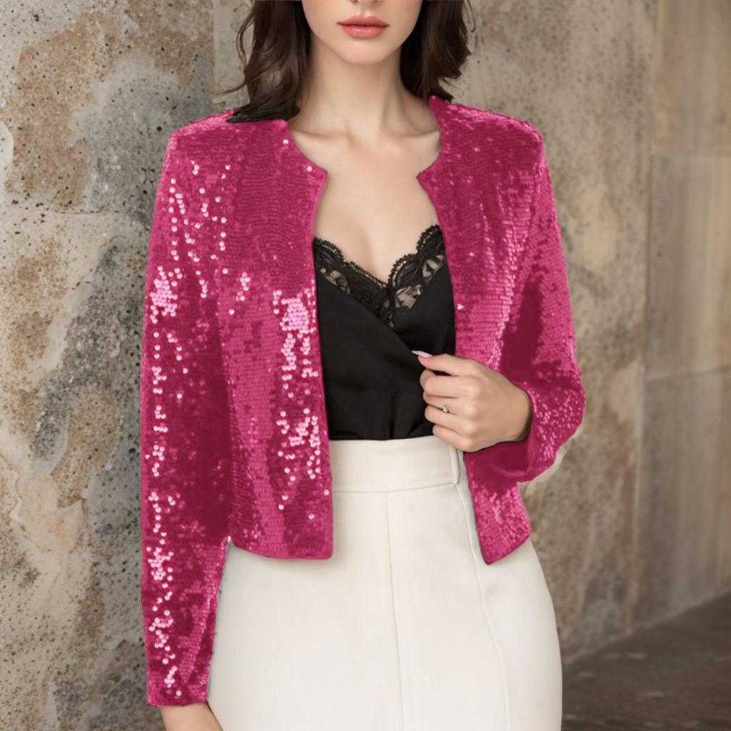 Women’s Crew Neck Long Sleeve Open Front Cardigan Casual Versatile Sequin Jacket Outerwear for Daily Wear