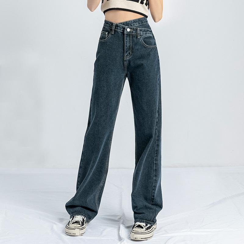 Slant Button Jeans Women's Summer Irregular High-waisted Thin Wide-leg Straight Drape Drag Trousers