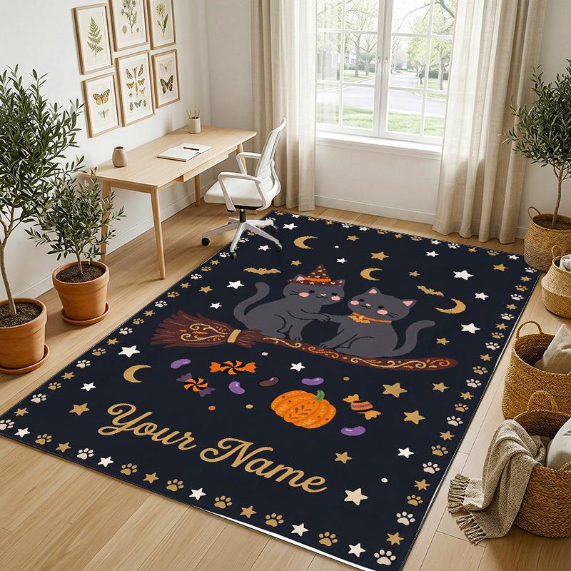 Cat Theme Crystal Velvet Rug Personalized Custom Name Text Soft Floor Mat Home Decor