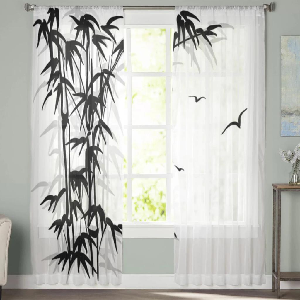 Schwarze transparente Vorhänge mit Bambus-Vogelmotiv für Wohnzimmer, Schlafzimmer, Tüllvorhänge, Küchenfensterbehandlungen, Vorhänge