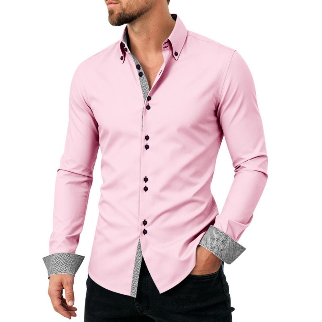 Men's Casual Business Long Sleeve Shirt Stretch Breathable Double Button Collar Slim Fit Dress Shirt for Office Work or Formal Occasions