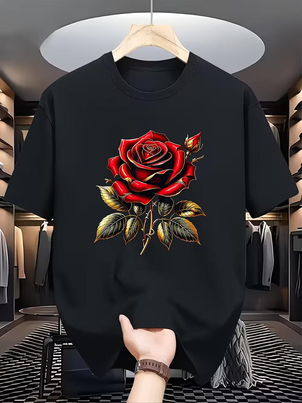 

Men S Casual Crew Neck T-Shirt with Red Flower Print L