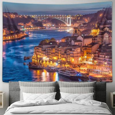 Porto Night View Blue River Tapestry Urban Scenery Art Decor Wall Hanging Blue River View