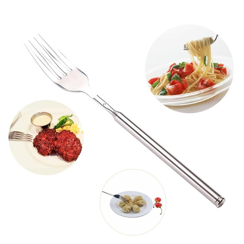 Silver Stainless Steel Telescopic Extendable Fork for Dinner Fruit Dessert Long Cutlery Barbecue Meat Kitchen Accessory Tools