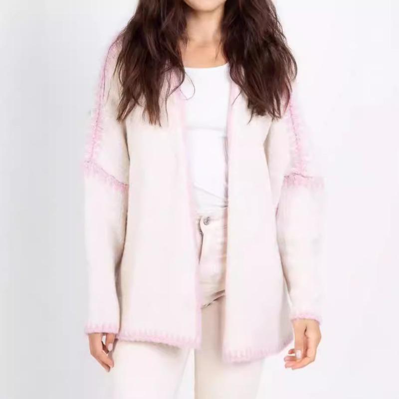 

Вязаный кардиган с V-образным вырезом, женский свободный мягкий тканевый шикарный теплый свитер с длинными рукавами, вязаное пальто, дизайн «столкновение цветов», осень и зима XL покинуть белый