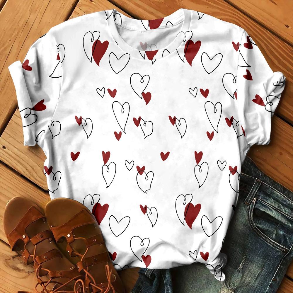 Love Floral Heart Pattern 3D Print T-Shirts Women O-Neck Short Sleeve T Shirt Y2k Harajuku Streetwear Tees Top Female Clothing
