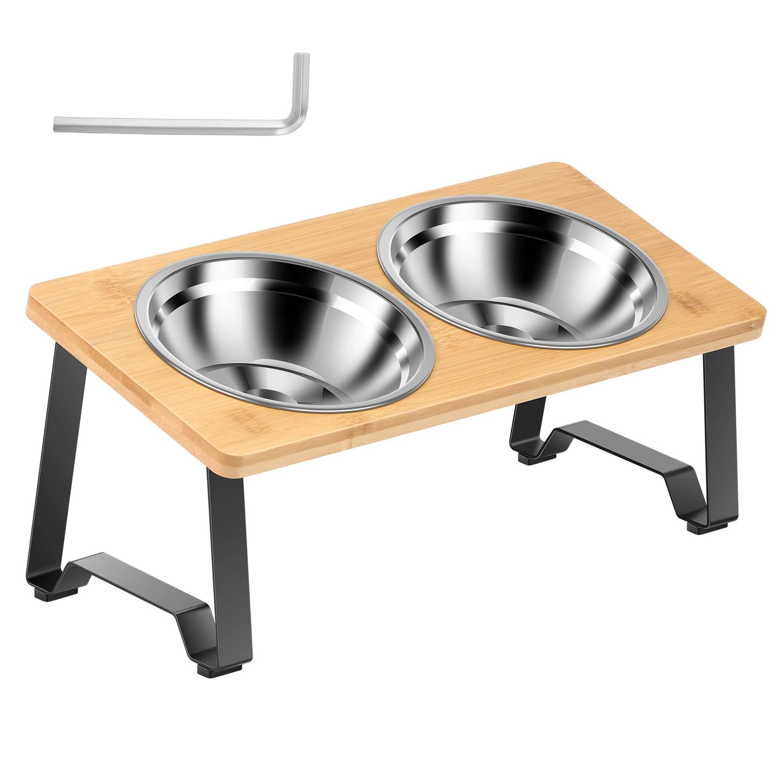 

Elevated Cat Bowl Stand Anti Slip Bamboo Wood Cat Food Bowl Stand with 2 Stainless Steel Dish for Kitten Puppy Pet Lover