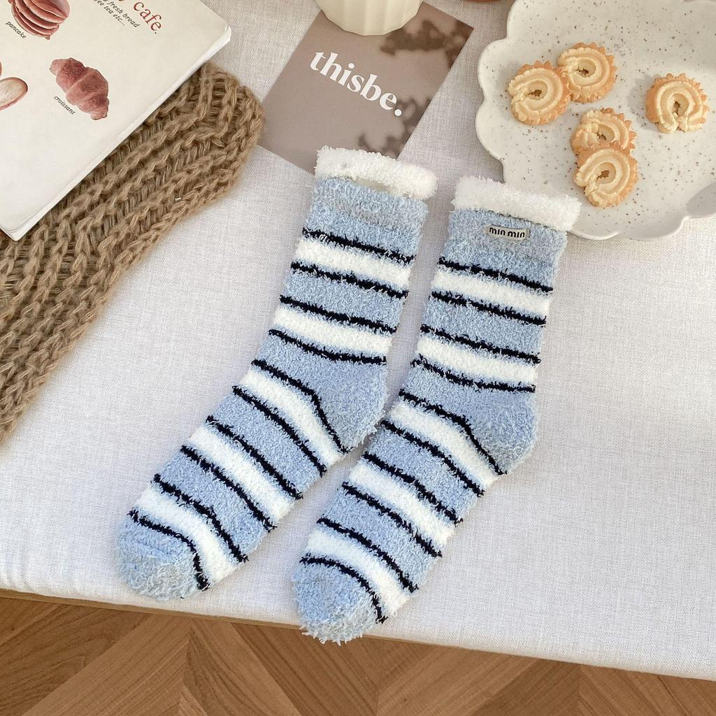 Women's Coral Fleece No-Shedding Horizontal Stripe Floor Socks