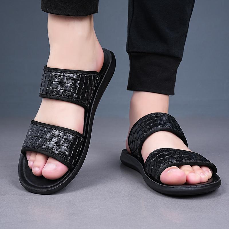 Men Black Leather Slippers Flats Summer Brown Sandals Outdoor White Wide Head Beach Shoes for Father Over Sized 46 47 48
