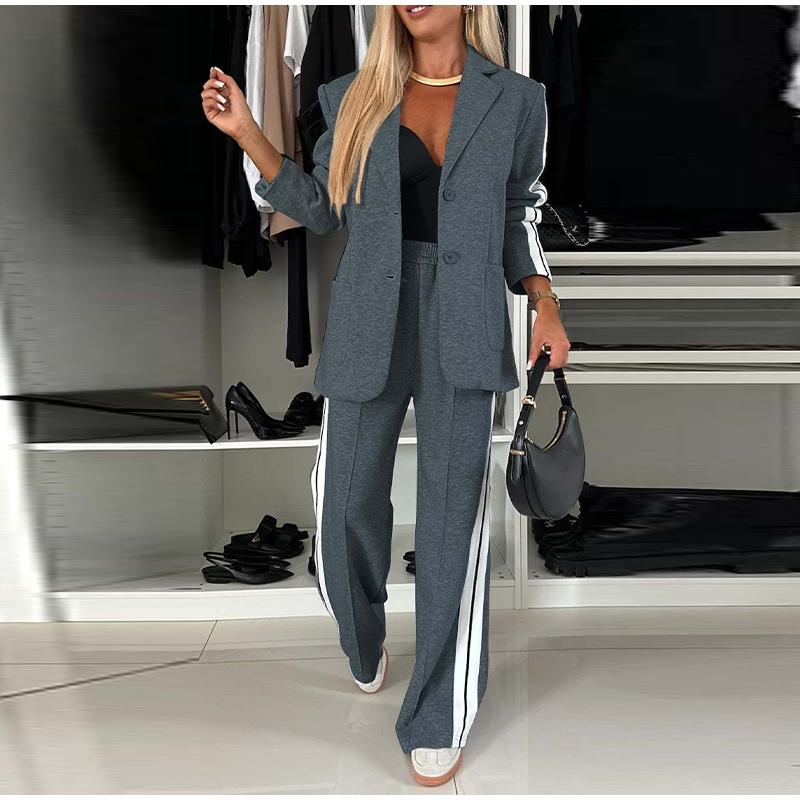 

Повседневный тонкий пиджак, женский модный костюм из двух частей, V-образный вырез, длинный рукав, деловое пальто, элегантные прямые брюки, осень S светло-серый