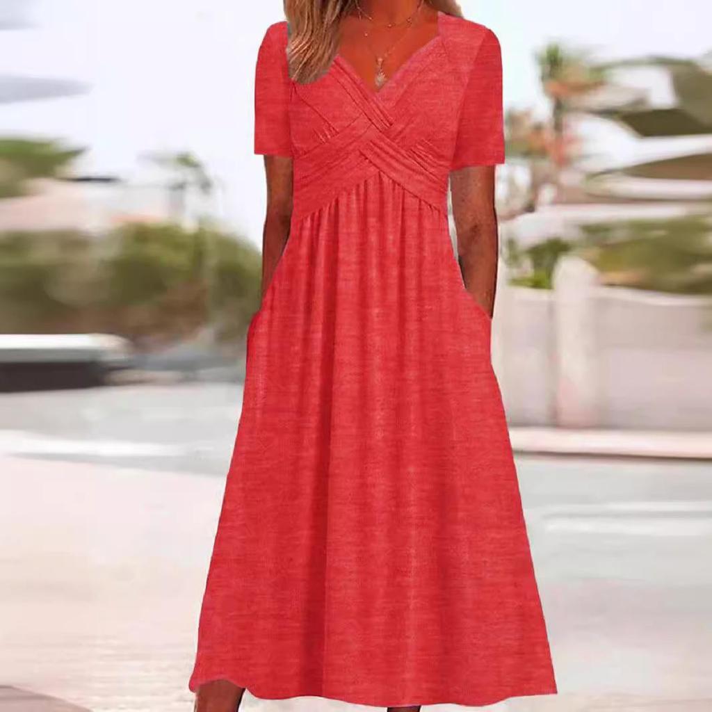 Womens Summer Long Dress V-Neck Short Sleeve Pullover Maxi Dresses Casual Beach Dress