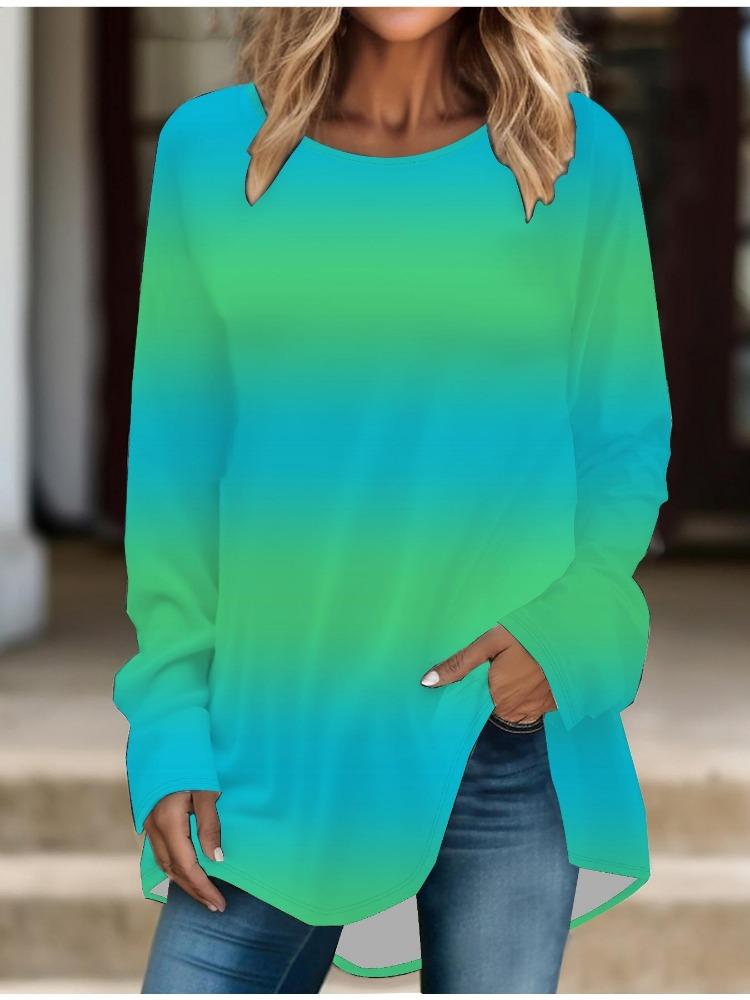 Spring Gradient Color Printed Tops Plus Size Women Long Sleeve Round Collar T-shirt Casual Comfy Baggy Mid Length Tee