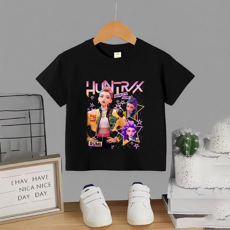 Summer Kpop Popular Cartoon Print Children's Design Casual Harajuku Style Round Neck Short Sleeved Top Fans Gifts Kids Clothes