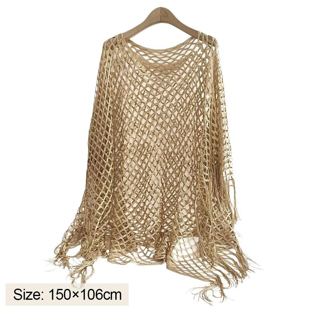 Knitted Shawl Jacket Gold Silver Wire Mesh Poncho Simple Design Cover Up  Vacation