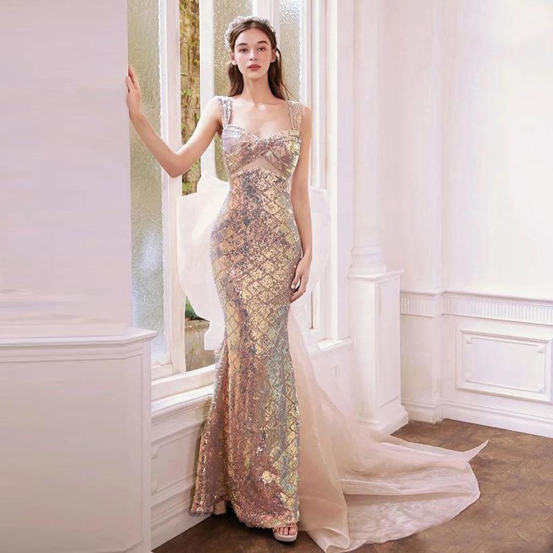 Suspender French banquet evening dress 1011 new fairy texture fishtail host performance sequined evening dress