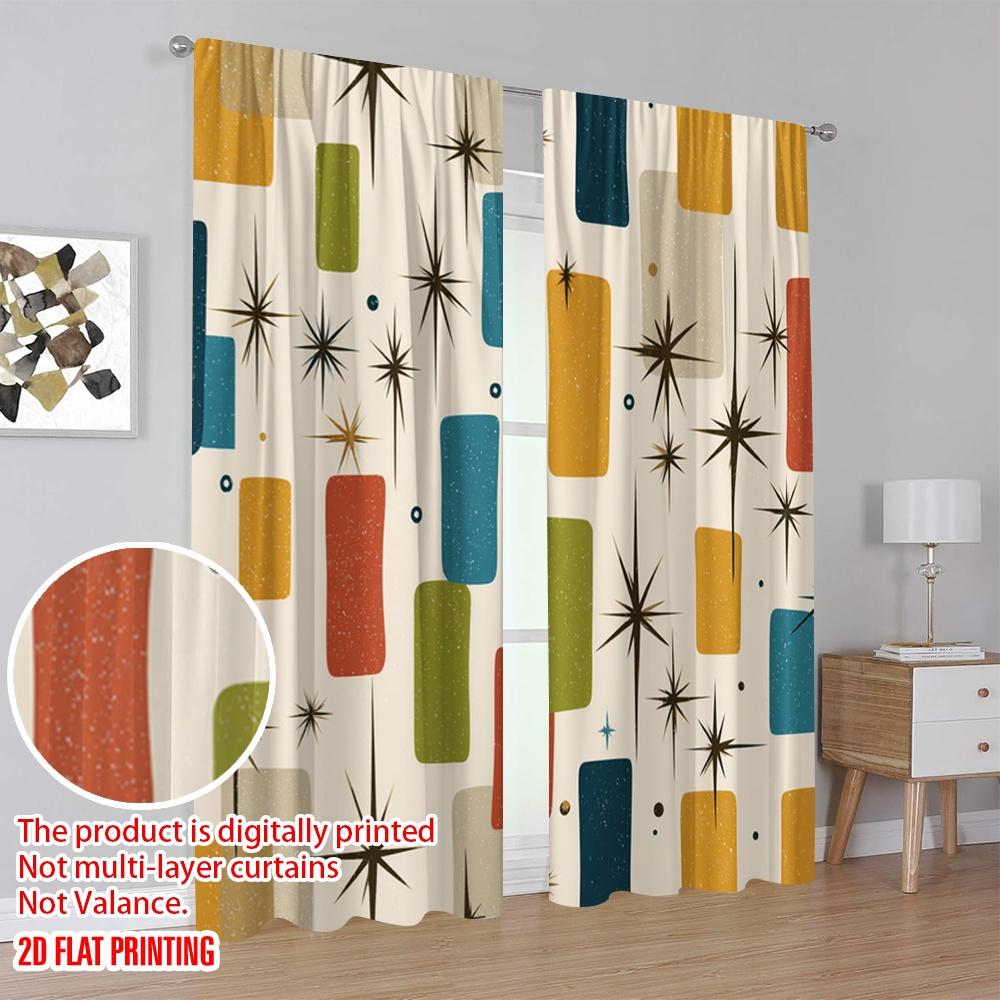 2pcs,2D Plane Printing Light Filtering Curtains Retro Squares Durable Polyester (without Rod) Room Decor Ldeal for Living Room,