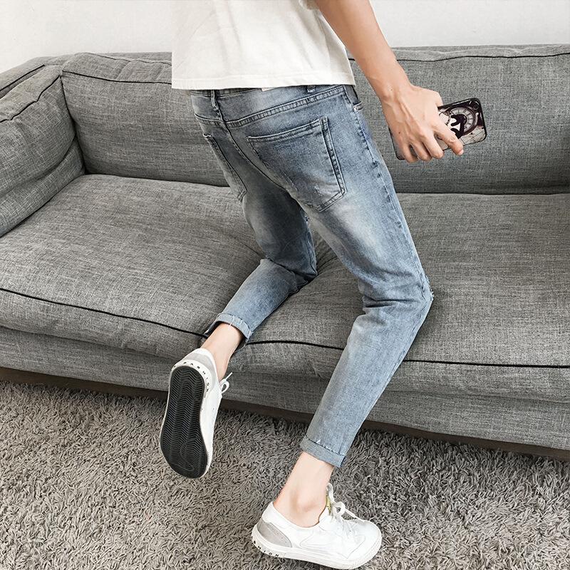 Men's Skinny Loose Ripped Jeans - Korean Style Trendy Beggar Pants, Slim Fit, 9-Point Length, Spring/Summer Collection