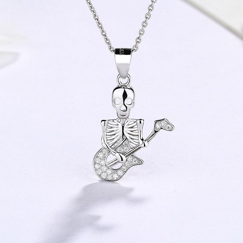 925 Sterling Silver Vintage Skull Guitarist Pendant Necklace - Unisex European American Hip Hop Punk Style Clavicle Chain