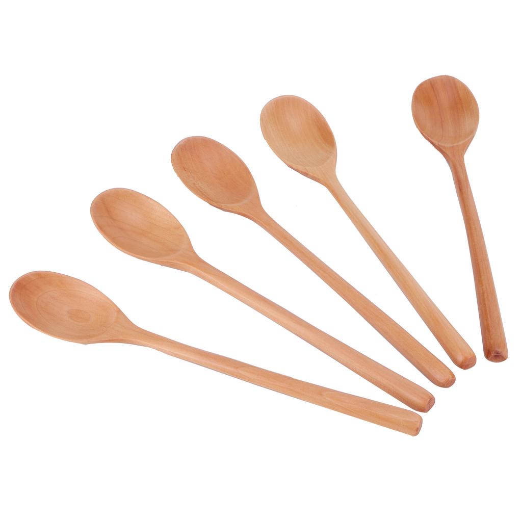 5PCS Wooden Spoon with Long Handle Soup Spoon for Barbecue Camping Party Home KitchenWood Color