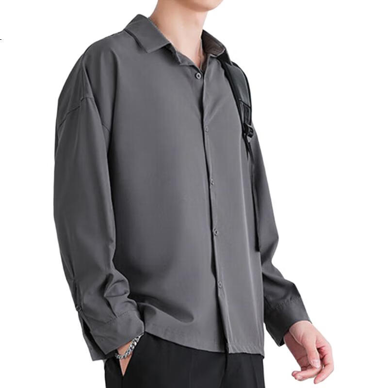 VANCAMEL Langarmhemd für Herren, Lockeres Freizeit-Oberteil für Herren, einfarbige Kleidung im koreanischen Stil, Schwarz, 2XL