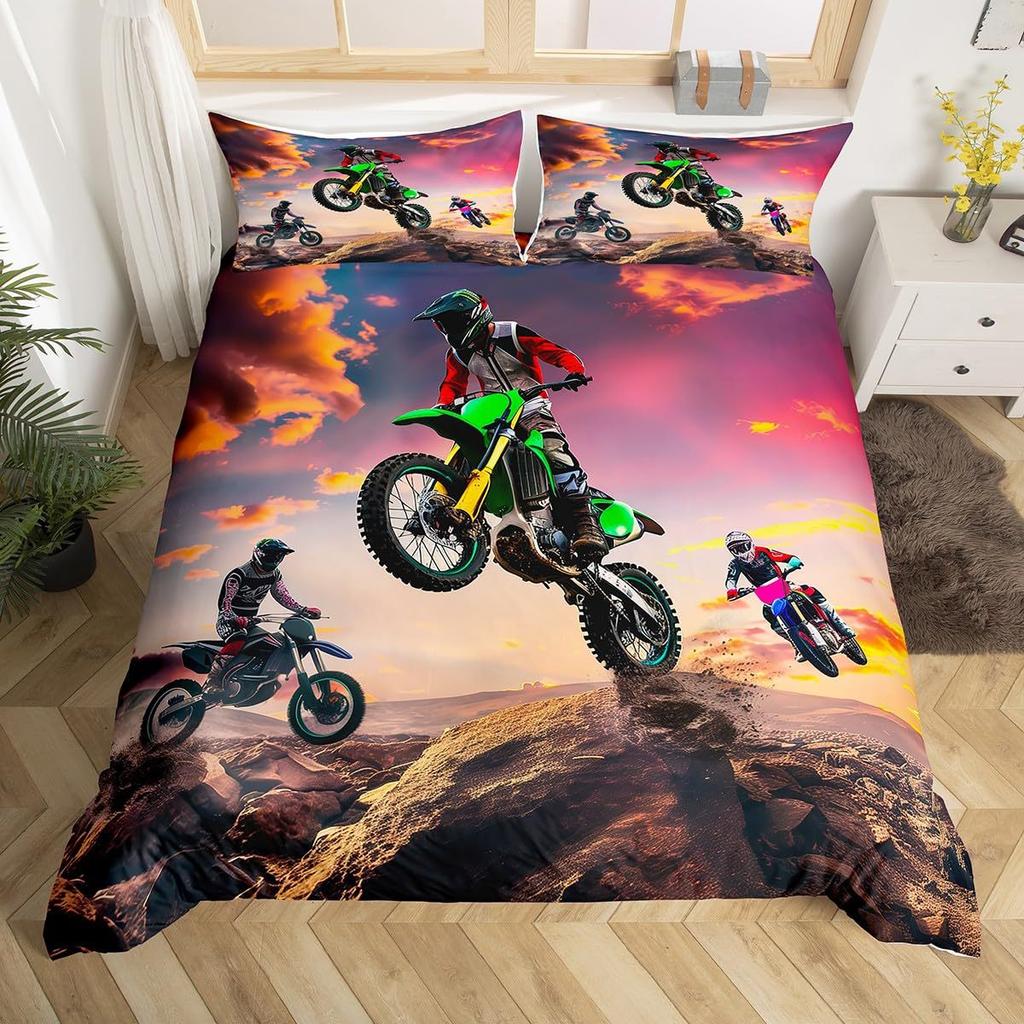 Extreme Sports Theme Colorful Graffiti Motorcycle Duvet Set Soft Bedding Set Three-Piece Set