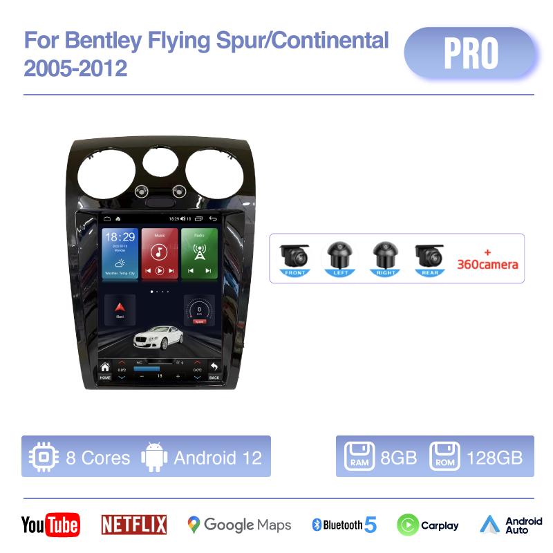 12.1Inch For Bentley Flying Spur/Continental 2005-2012 Android12 MediaCarPlayer GPS Navigation 8Core 8+256G CarPlay 4G 360Camera