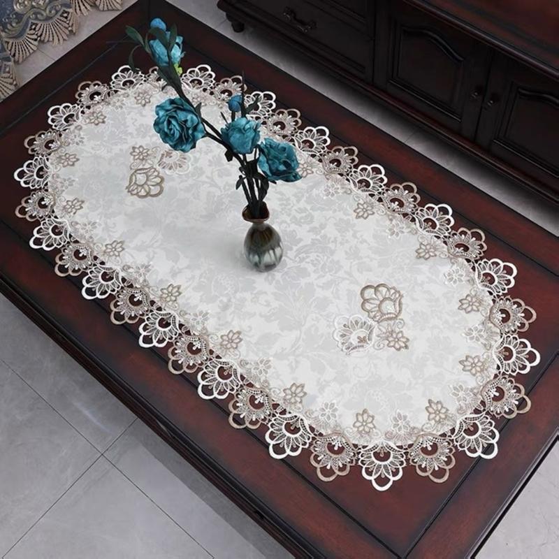 Stylish Coffee Table Cover Polyester Fabric Decorative Tablecloth Embroidery Flower Lace Doily For Dining Office Use