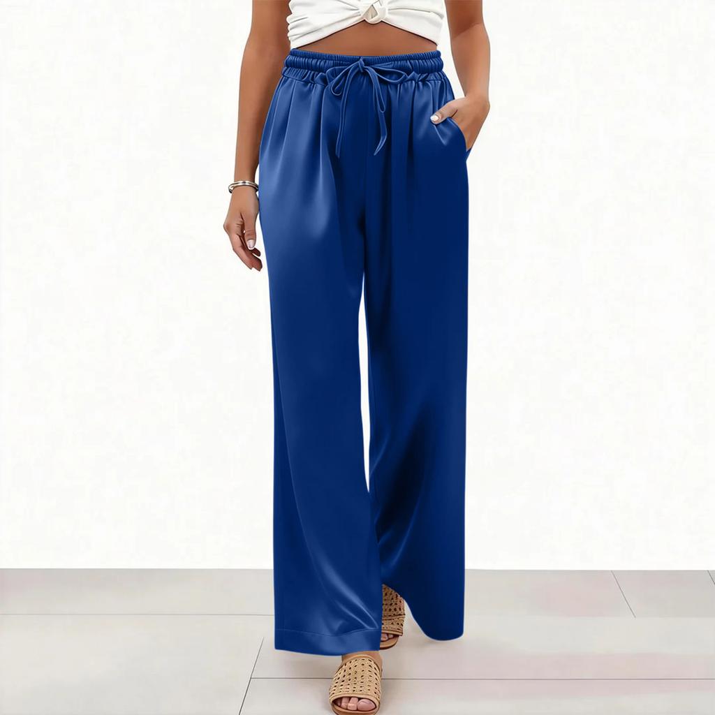 Women’s Wide Leg Satin Pants High Waist Drawstring Loose Fit Lightweight Trousers for Casual and Lounge Wear