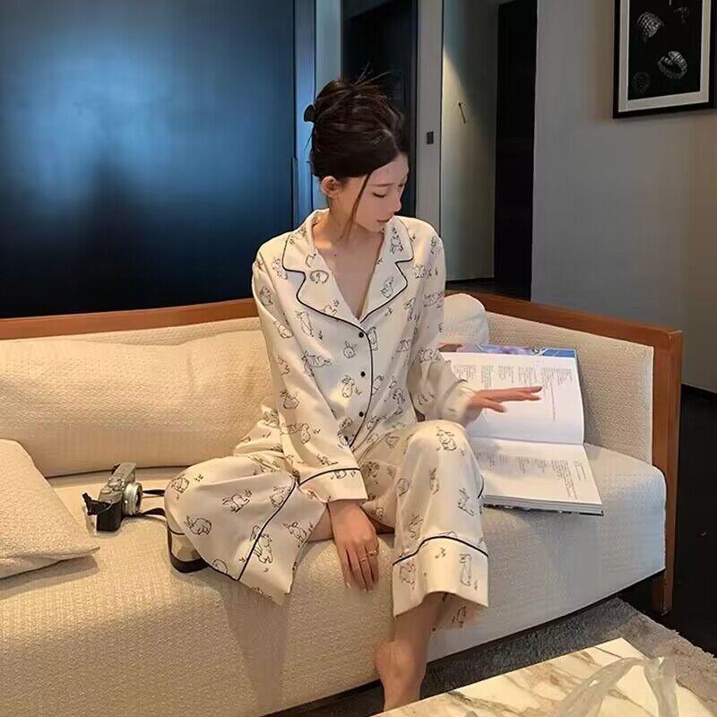 Autumn Ice Silk Luxury Women's Pajamas Lapel Cardigan Home Clothes for Women Cute Rabbit Printing Princess Home Wear
