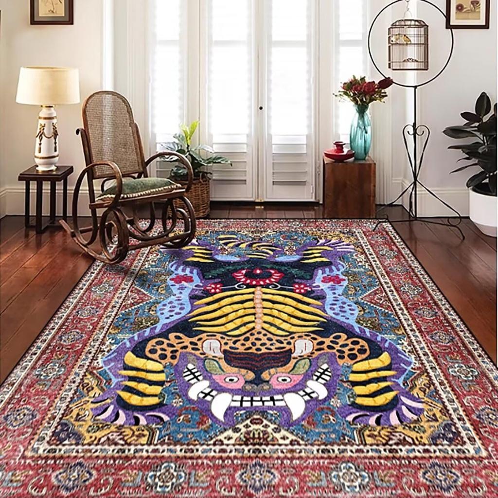 Retro Nordic Style Living Room Carpet Large Area Leopard Print Bedroom Rugs Machine Washable Foldable Non-slip Coffee Table Mats