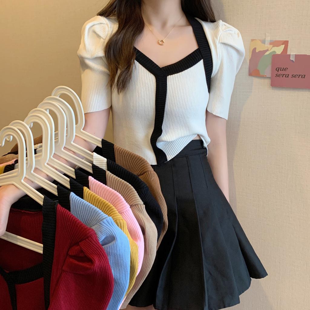 Summer Bubble Sleeve Sweater Knit Retro Square Neck Temperament Hit Color Slim Short Section Short-sleeved Tops Women Casual Slim Fit Pullovers Tees