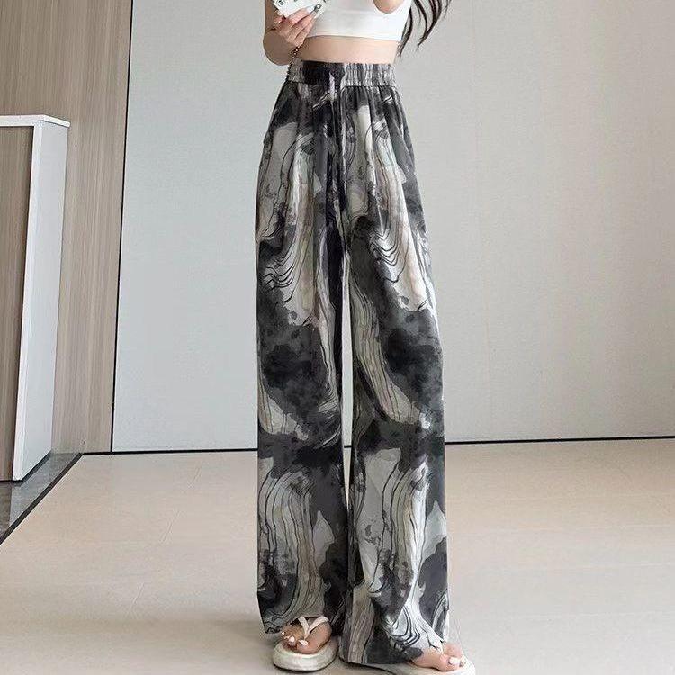 Women's High Waist Drawstring Wide Leg Pants Loose Straight Tie Dye Printed Polyester Trousers For Summer Commute Floor Length Casual Wear