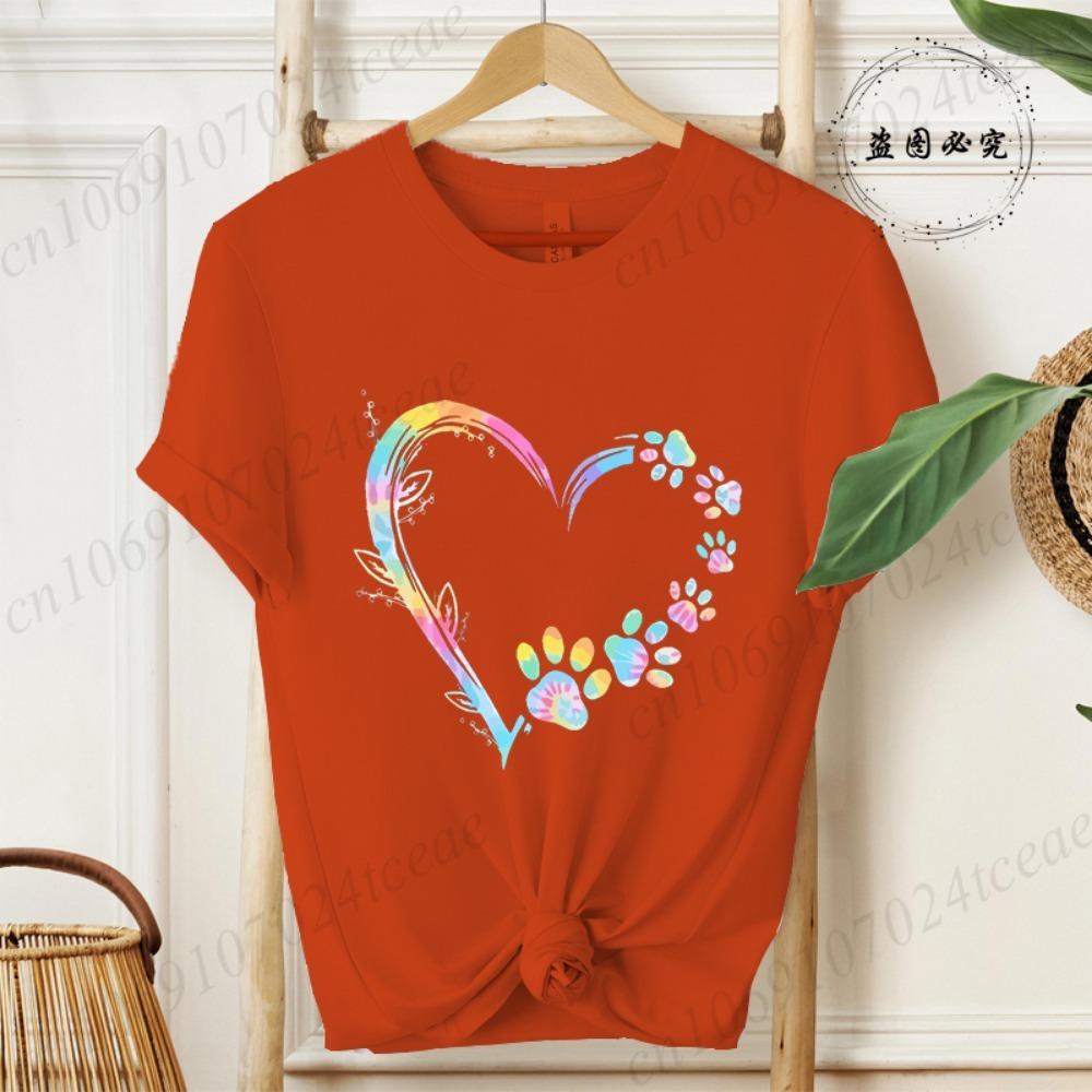 Heart Dog Paw Print Women's T-shirt, Graphic T-shirt, Short-sleeved T-shirt, Summer Fashion, Casual Street Fashion Top