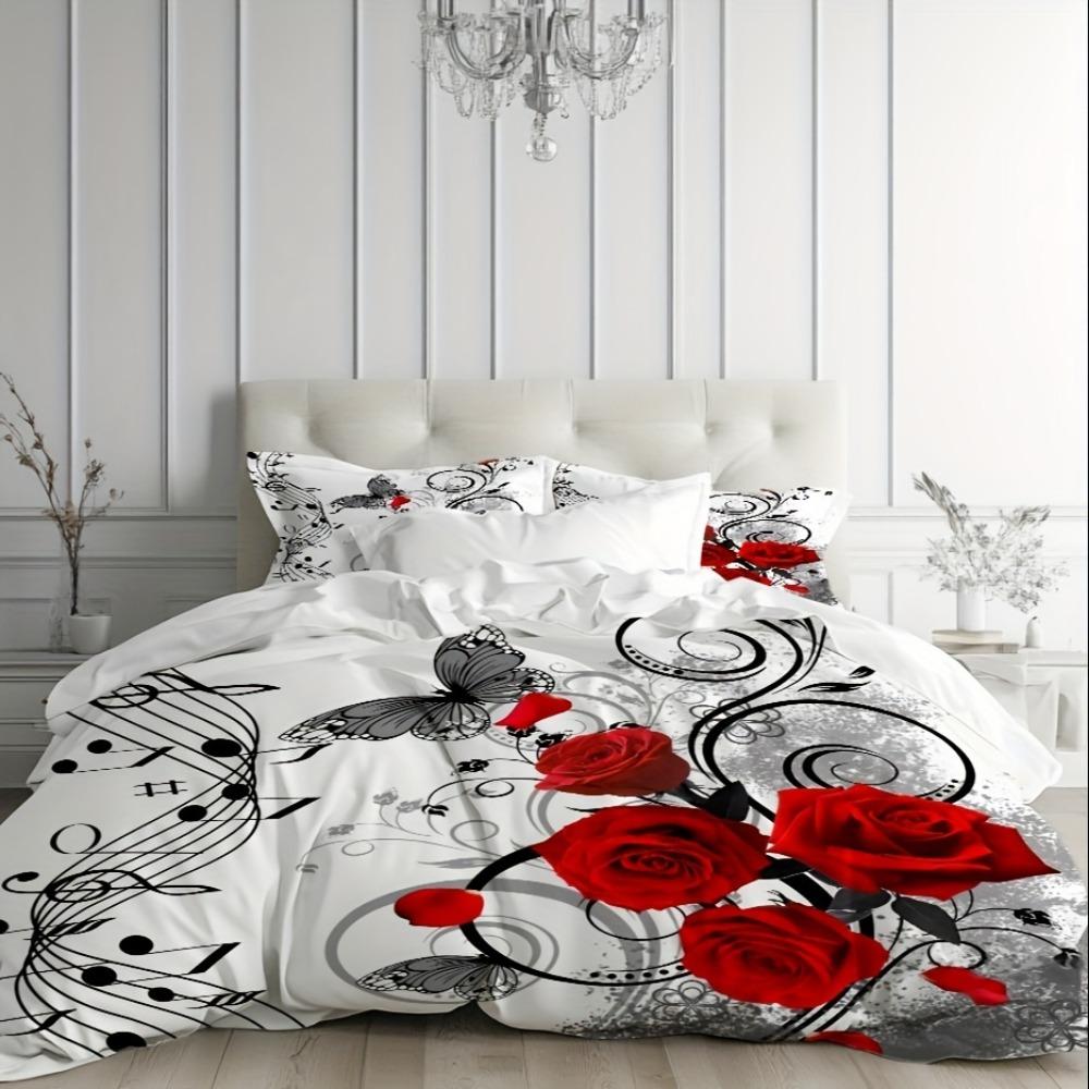 3pcs White Bedding Set Musical Score Red Rose Print Cozy Duvet Cover Set King Queen Twin Single Size Birthday Gift Bedroom Decor