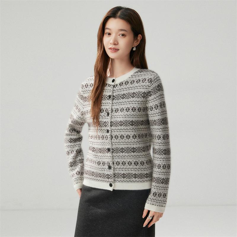 Women's Winter 2026 Fair Isle Cashmere Jacquard Cardigan – Thick, Warm, Versatile Round Neck Outerwear