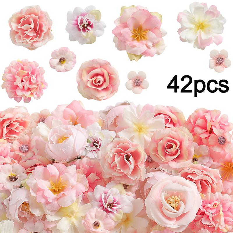 

42Pcs Pink Artificial Flowers Rose Fake Flowers for Home Room Decor Wedding Decoration Bride DIY Craft Gifts Wreath Accessories