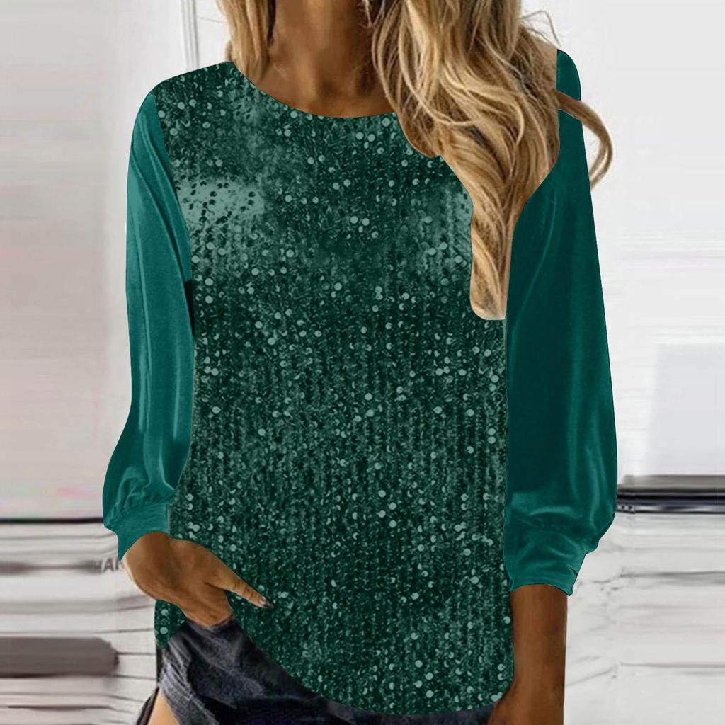 2025 European & American Women's Casual Sequin Round Neck Long Sleeve Pullover