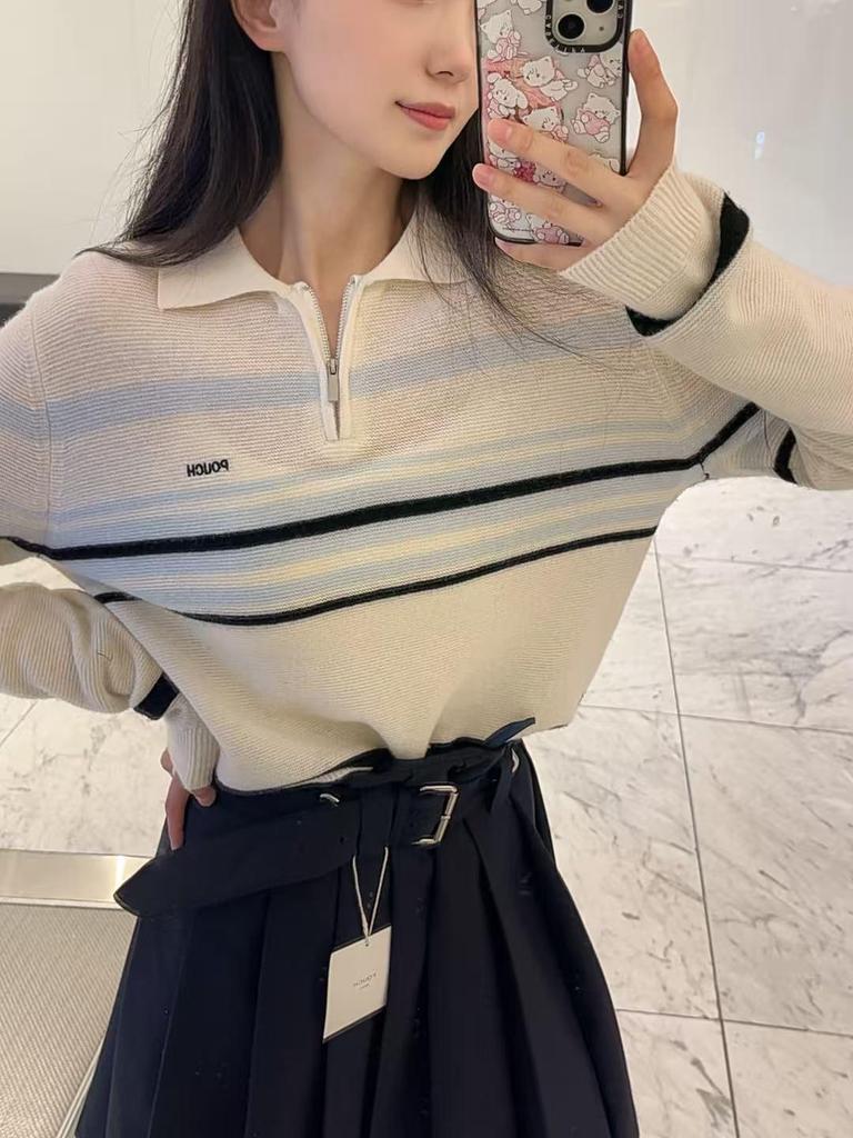 Women's Autumn/Winter 2025 Striped Polo Neck Zipper Knitwear