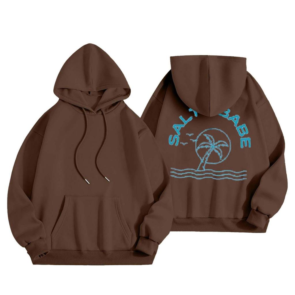 Women's Fashion Long Sleeve Sweatshirt Letter Printed Hooded Drawstring Pullover Oversized Pocket Sweatshirt Top