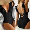 Costume da bagno intero da donna con volant, comodo costume da bagno a vita alta per allenamento di nuoto
