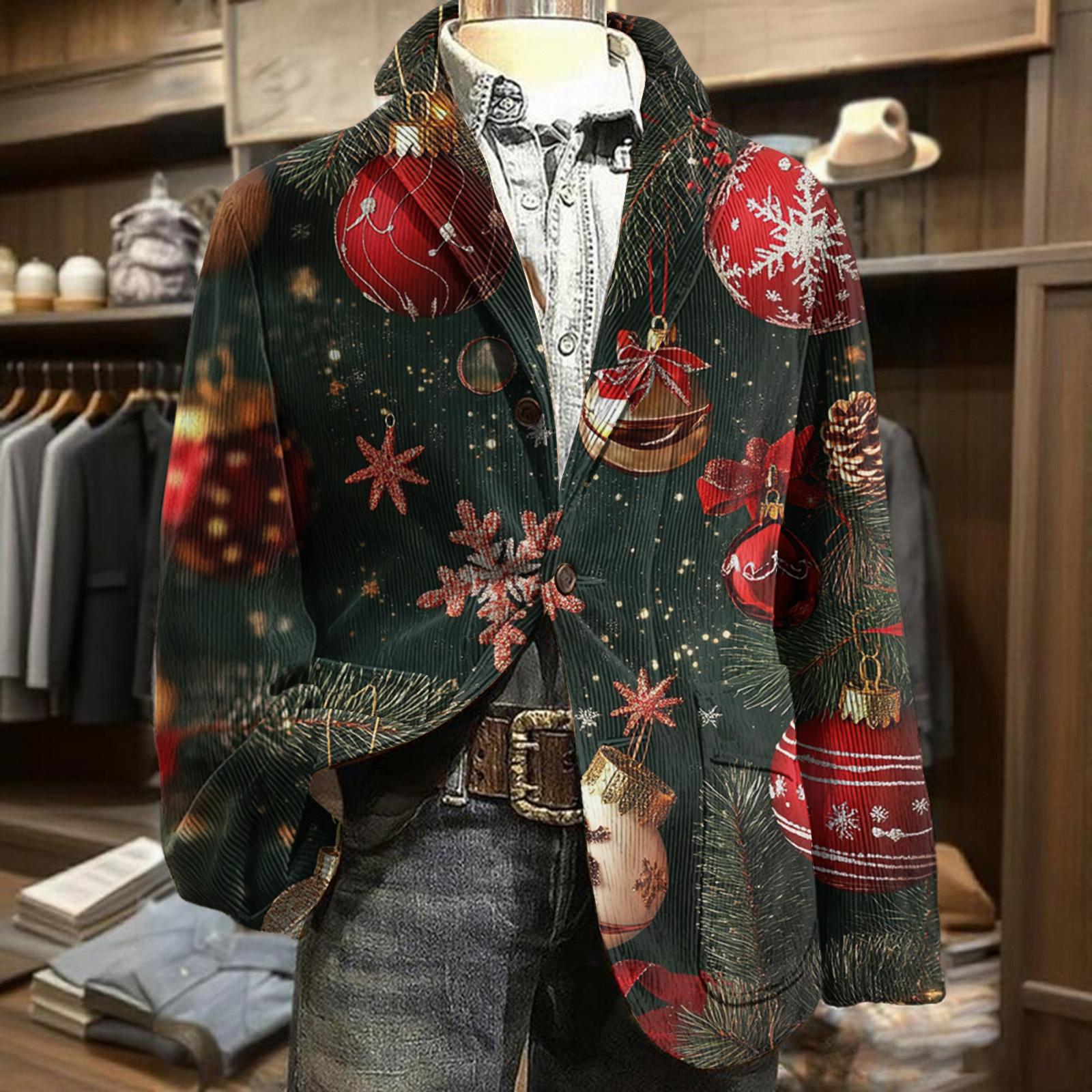 Men s Business Casual Christmas Print Corduroy Jacket L