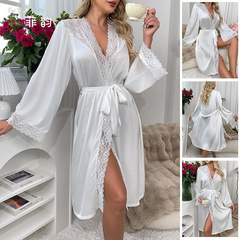 European and American satin pajamas women, lace light luxury long-sleeved cool nightgown bathrobe loungewear women