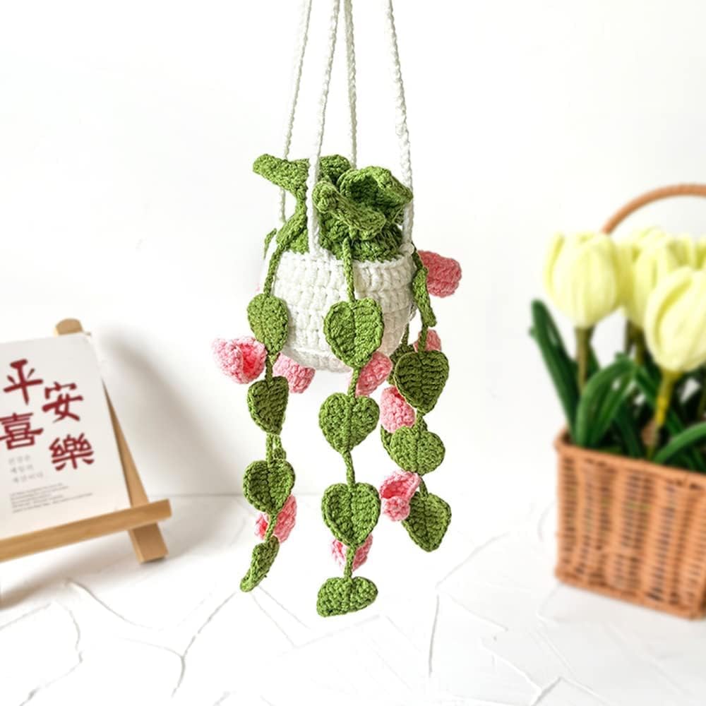 Crochet Hanging Plant for Car, Cute Car Plant Accessories, Knitted Plant Car Mirror Hanger, Boho Car Plant Crochet Hanging Basket (A)
