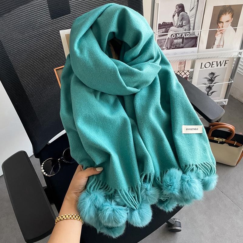 Solid Color Hairball Knitted Imitation Cashmere Scarf Female Winter Warm Student Cute Versatile Soft Girl Shawl