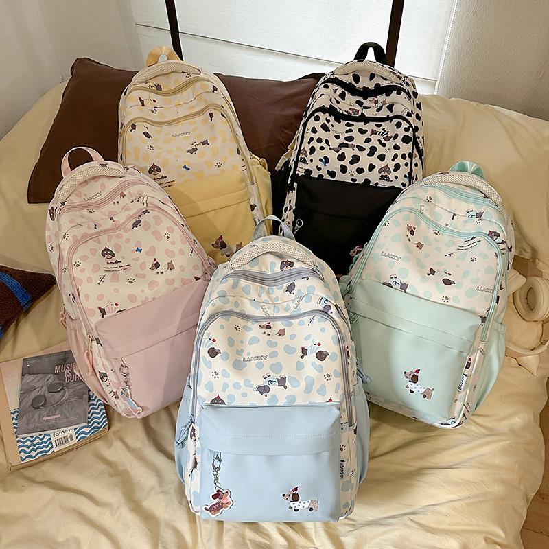 Cute Dachshund Dog Cartoon Printed Student Backpack With Pendant School For